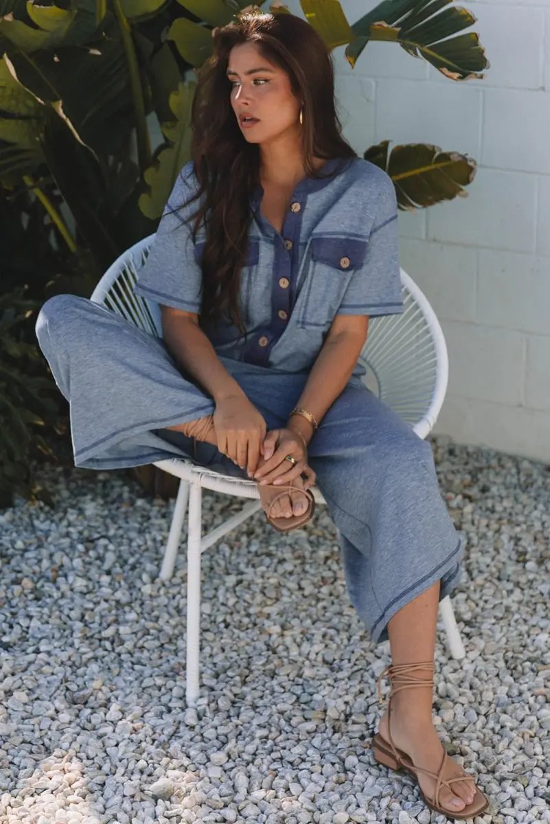 Beau Blue Half Placket Chest Pockets Short Sleeve Jumpsuit - Love Salve